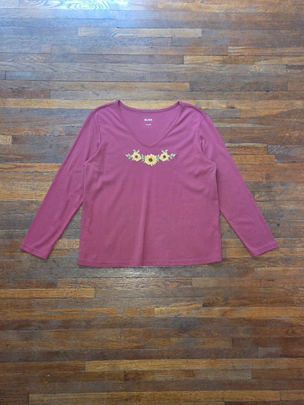 Blair Red V-Neck Long Sleeve Tee with Sunflower Embroidery